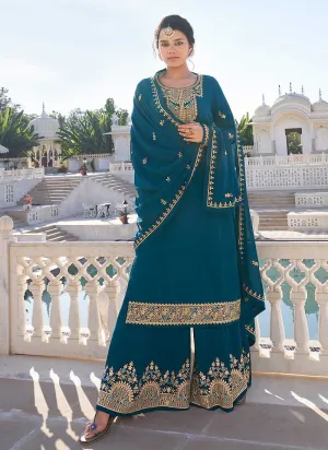 Teal Heavy Embroidered Sharara Style Suit