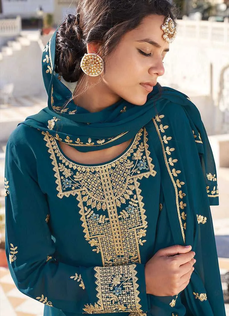 Teal Heavy Embroidered Sharara Style Suit