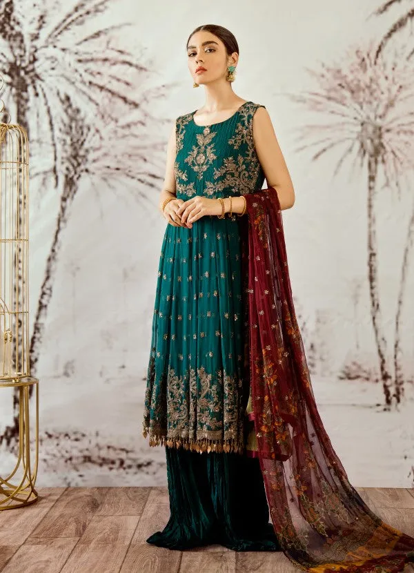 Thread and sequins embroidered frock in cobalt green color # P2320