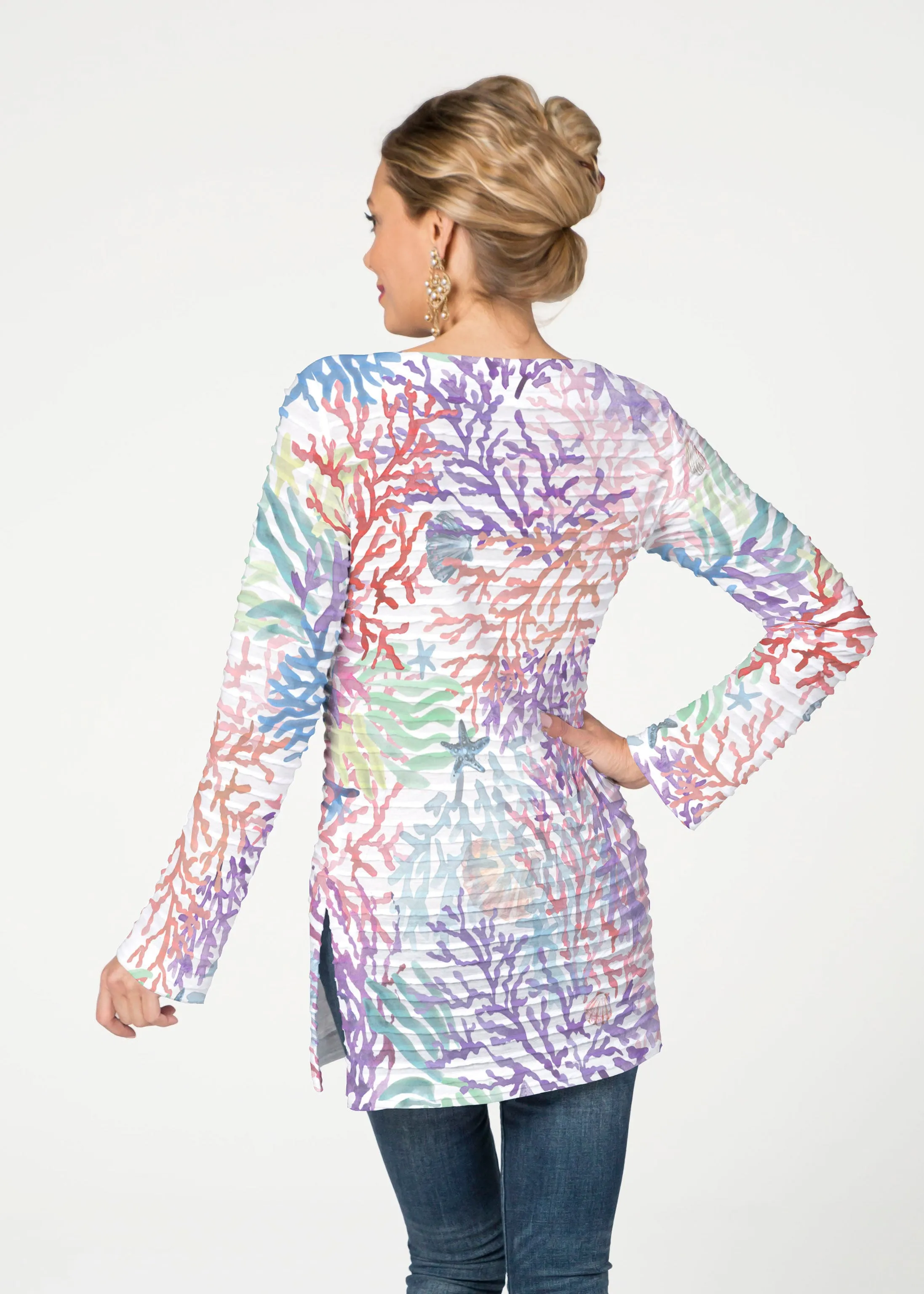 Tropic Coral (8112) ~ Banded Boatneck Tunic