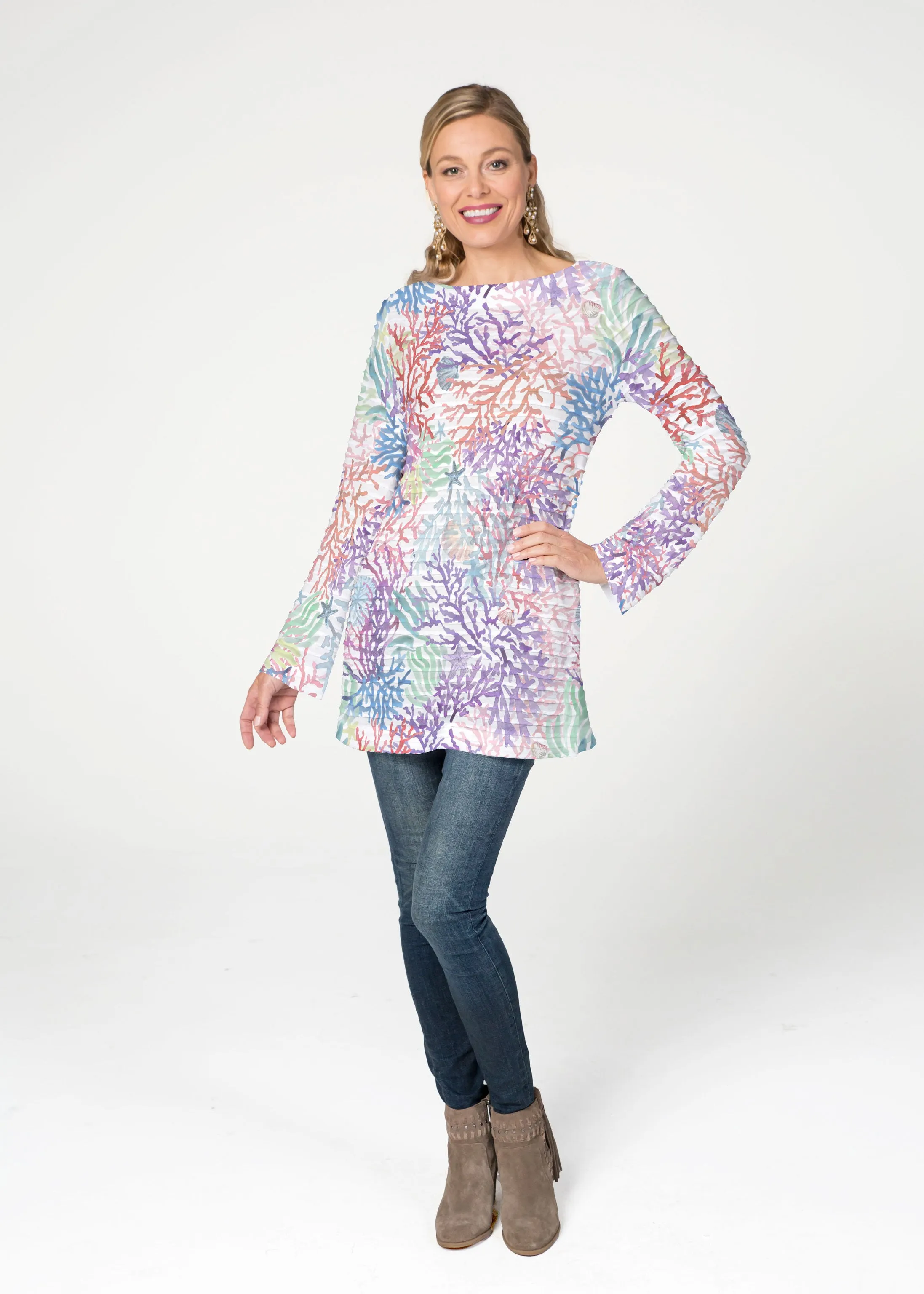 Tropic Coral (8112) ~ Banded Boatneck Tunic
