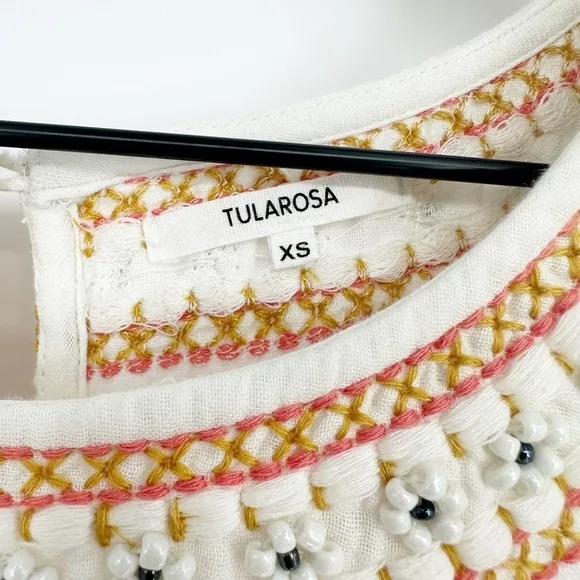 Tularosa Meadow Embroidered Beaded Mini Dress Flared Sleeve Ivory Women's XS