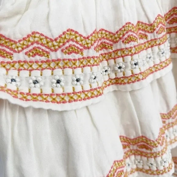 Tularosa Meadow Embroidered Beaded Mini Dress Flared Sleeve Ivory Women's XS