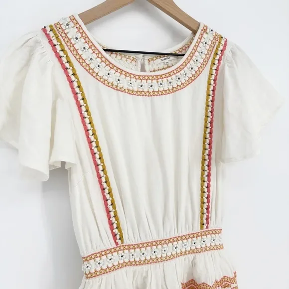 Tularosa Meadow Embroidered Beaded Mini Dress Flared Sleeve Ivory Women's XS