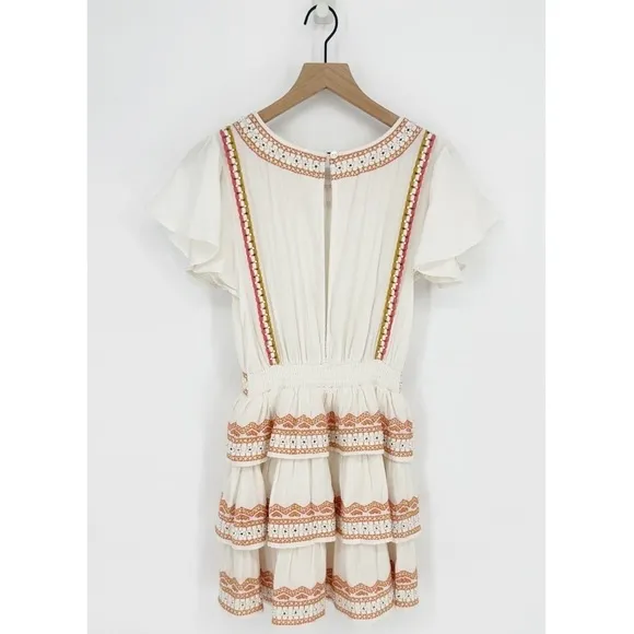 Tularosa Meadow Embroidered Beaded Mini Dress Flared Sleeve Ivory Women's XS
