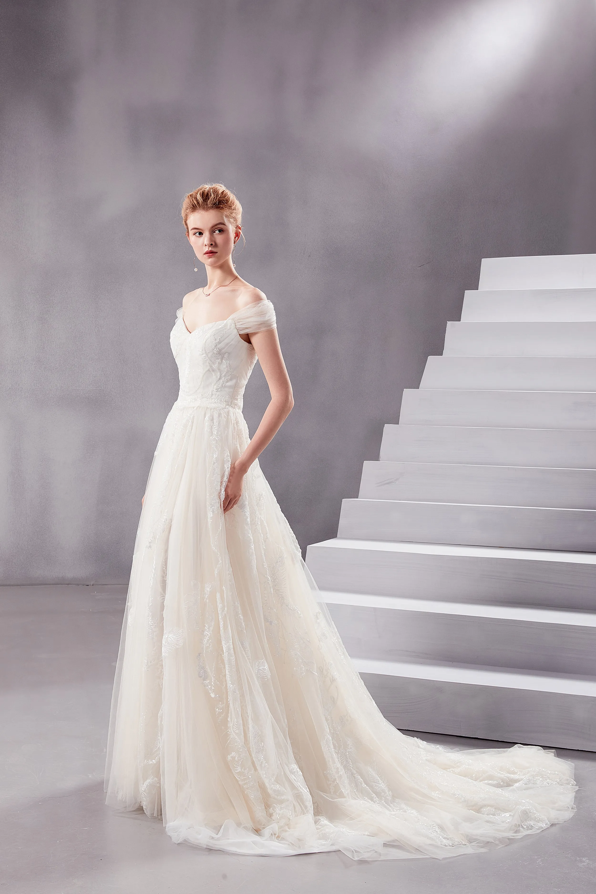 Vera - Selena Huan off-the-shoulder sequin beaded fine embroidery twig laces A-line wedding dress