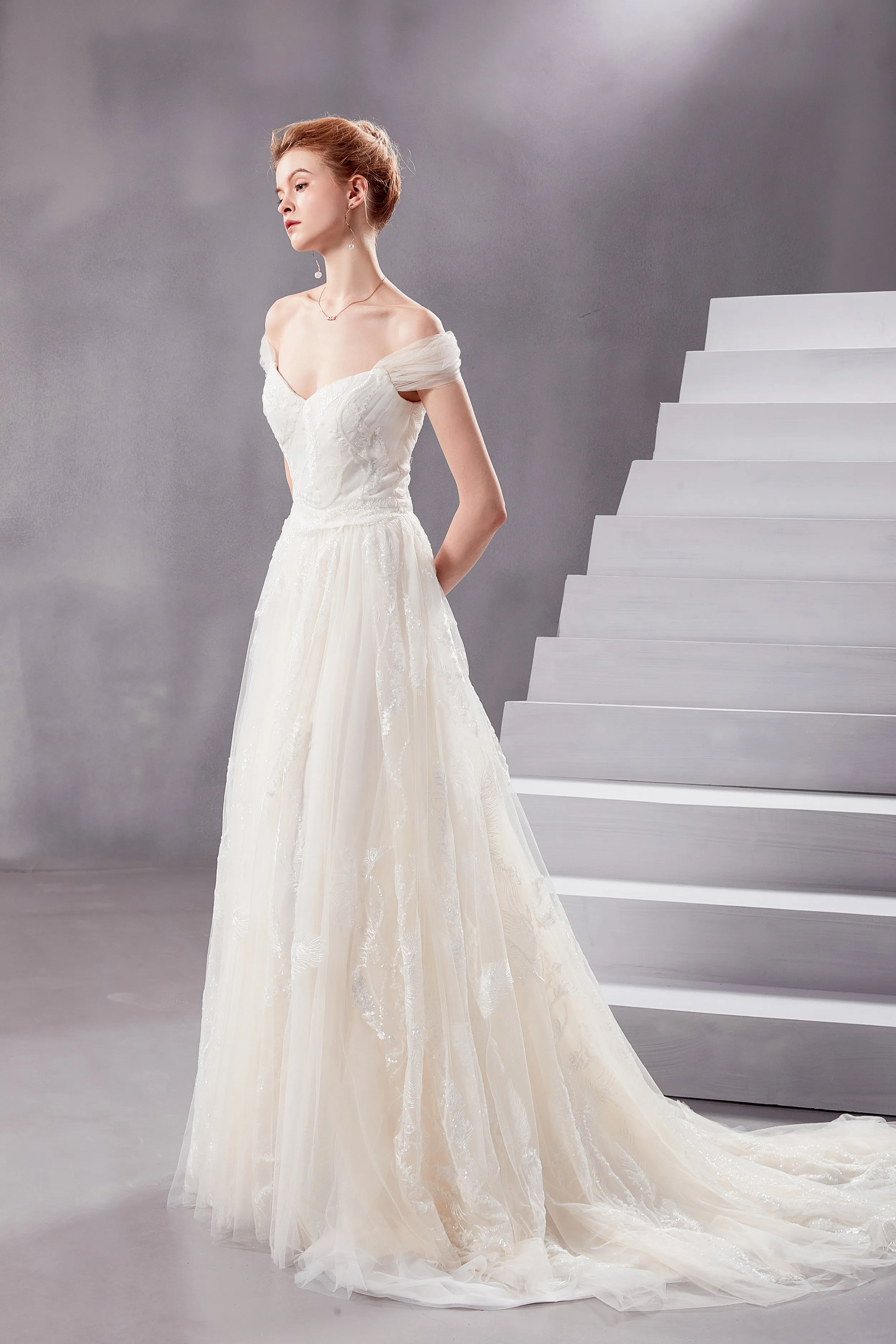 Vera - Selena Huan off-the-shoulder sequin beaded fine embroidery twig laces A-line wedding dress
