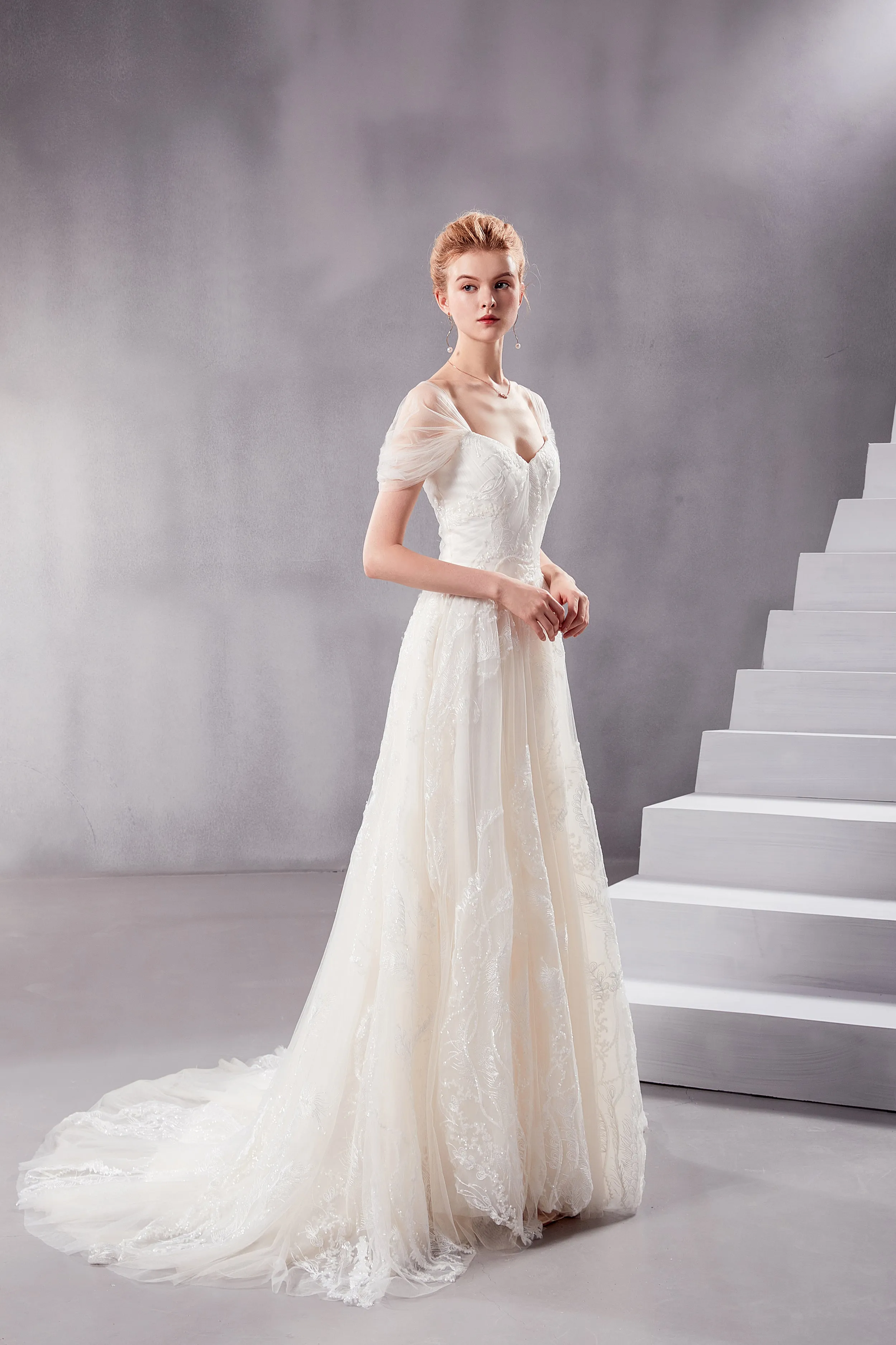 Vera - Selena Huan off-the-shoulder sequin beaded fine embroidery twig laces A-line wedding dress