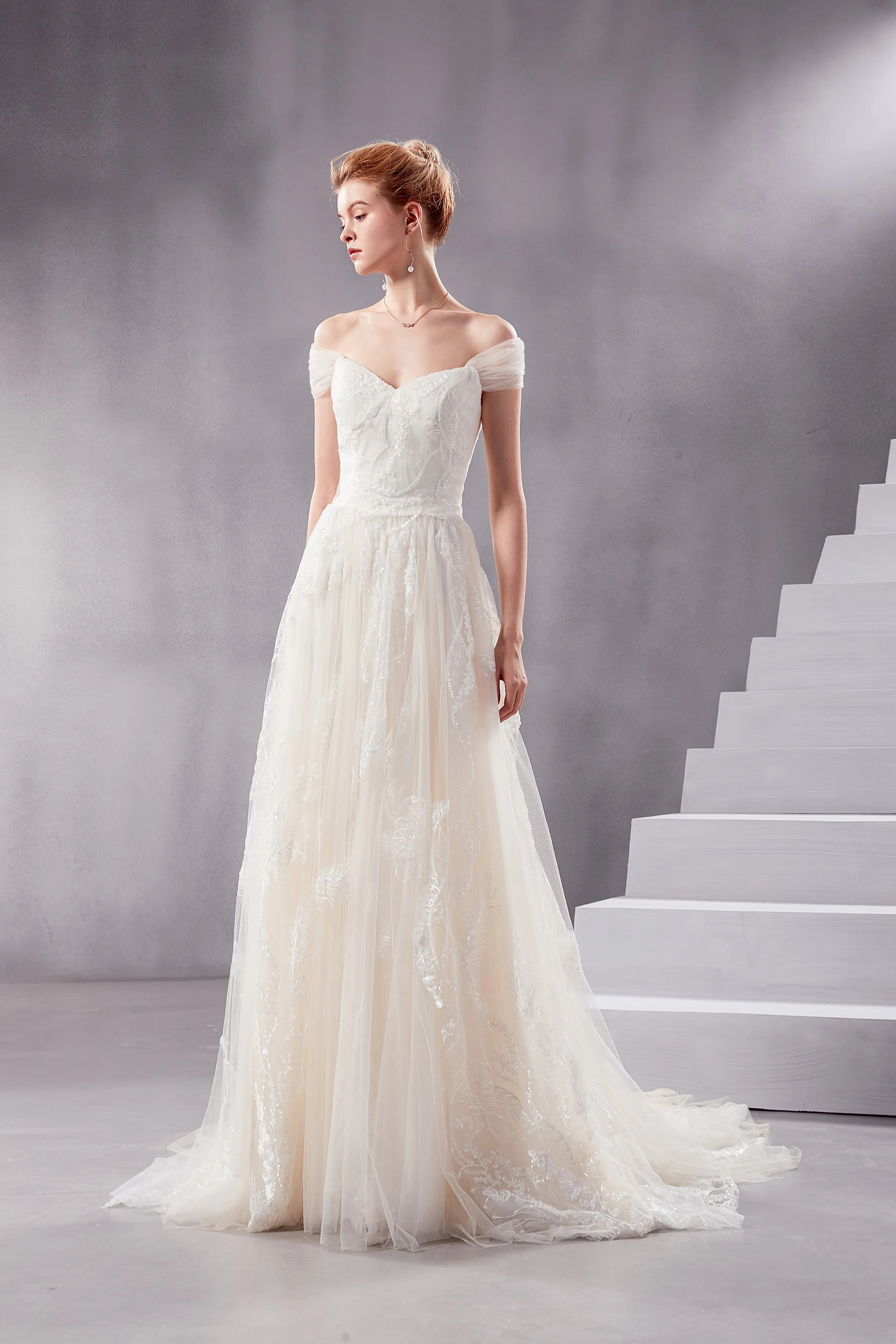 Vera - Selena Huan off-the-shoulder sequin beaded fine embroidery twig laces A-line wedding dress