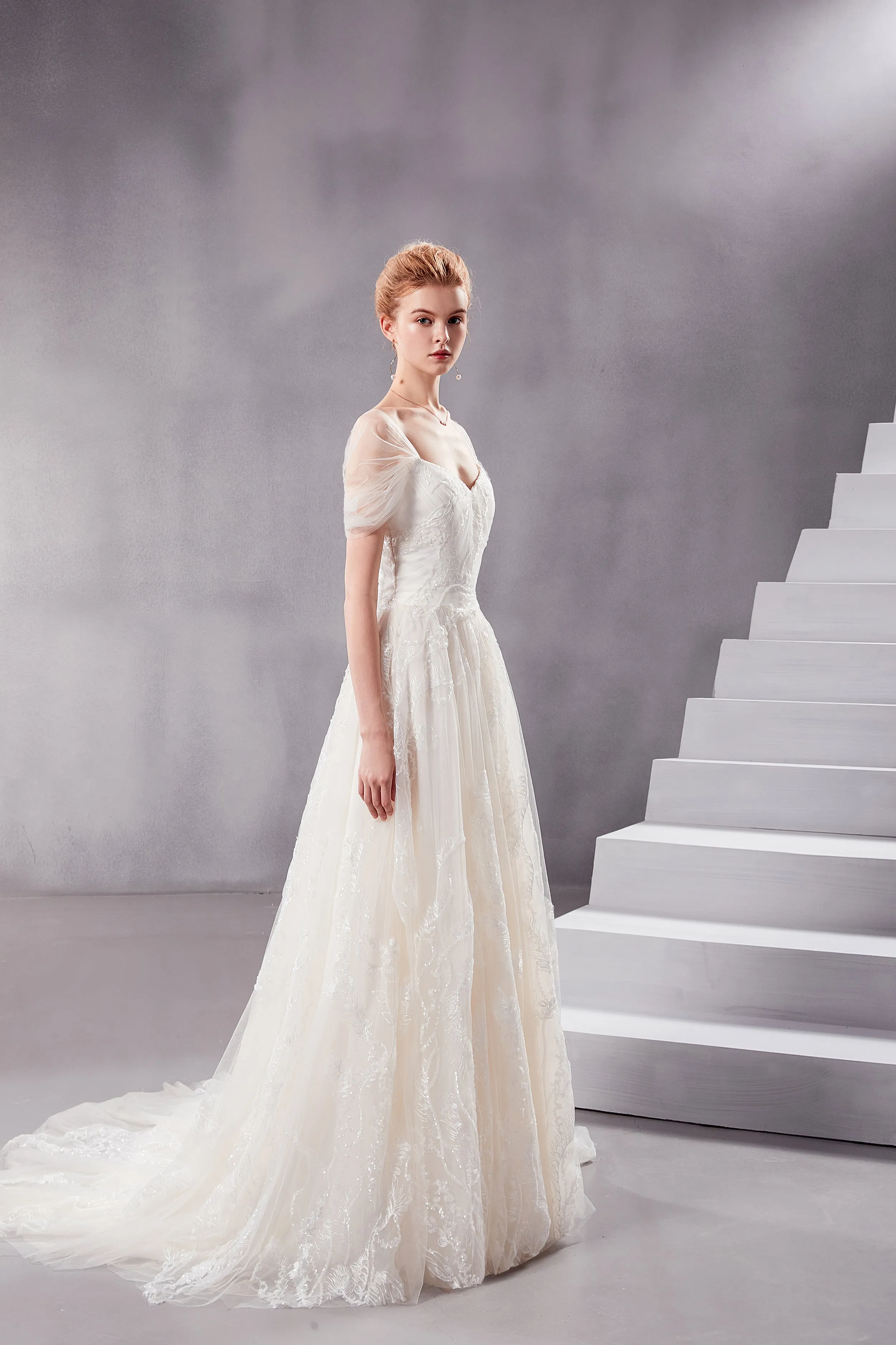 Vera - Selena Huan off-the-shoulder sequin beaded fine embroidery twig laces A-line wedding dress