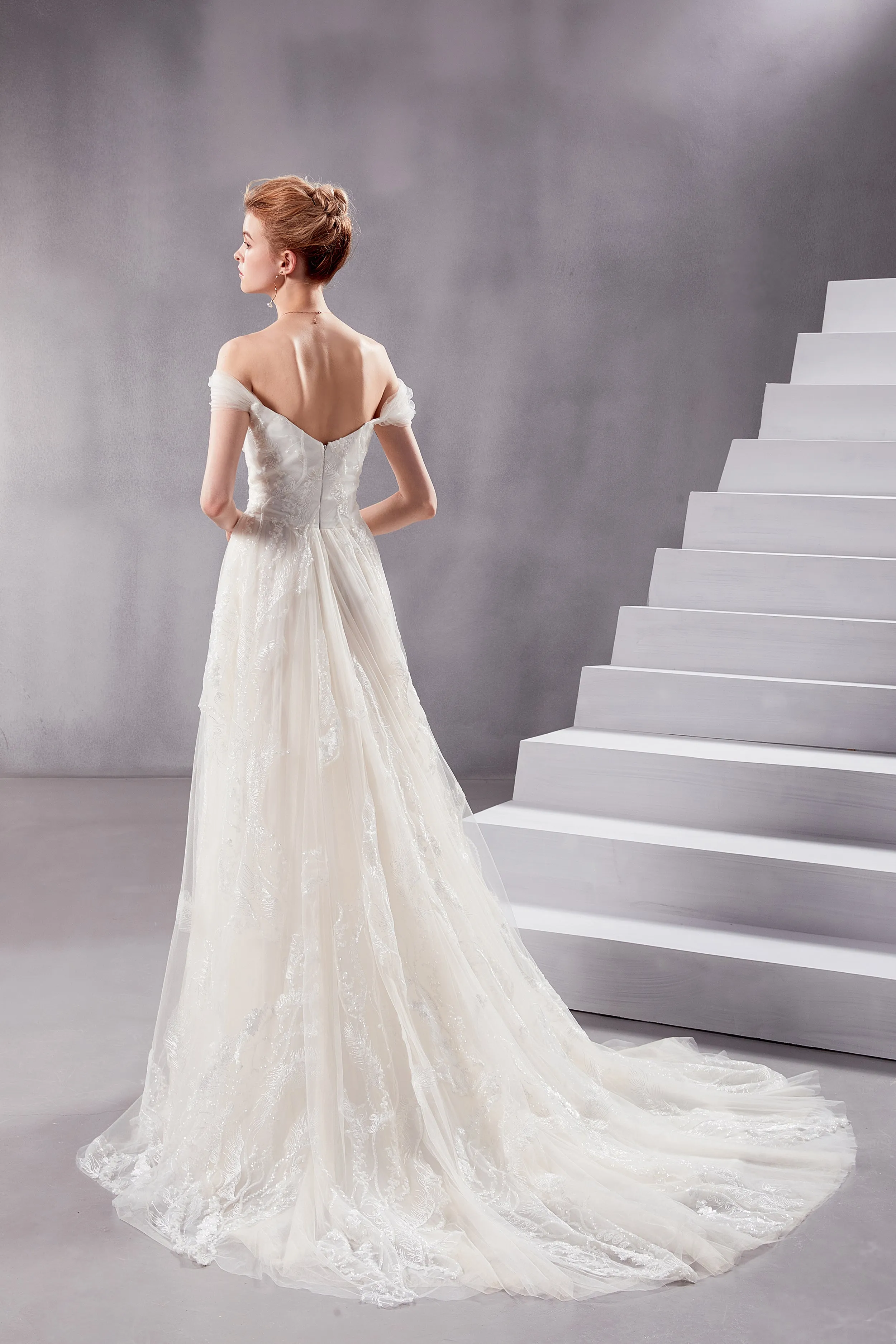 Vera - Selena Huan off-the-shoulder sequin beaded fine embroidery twig laces A-line wedding dress