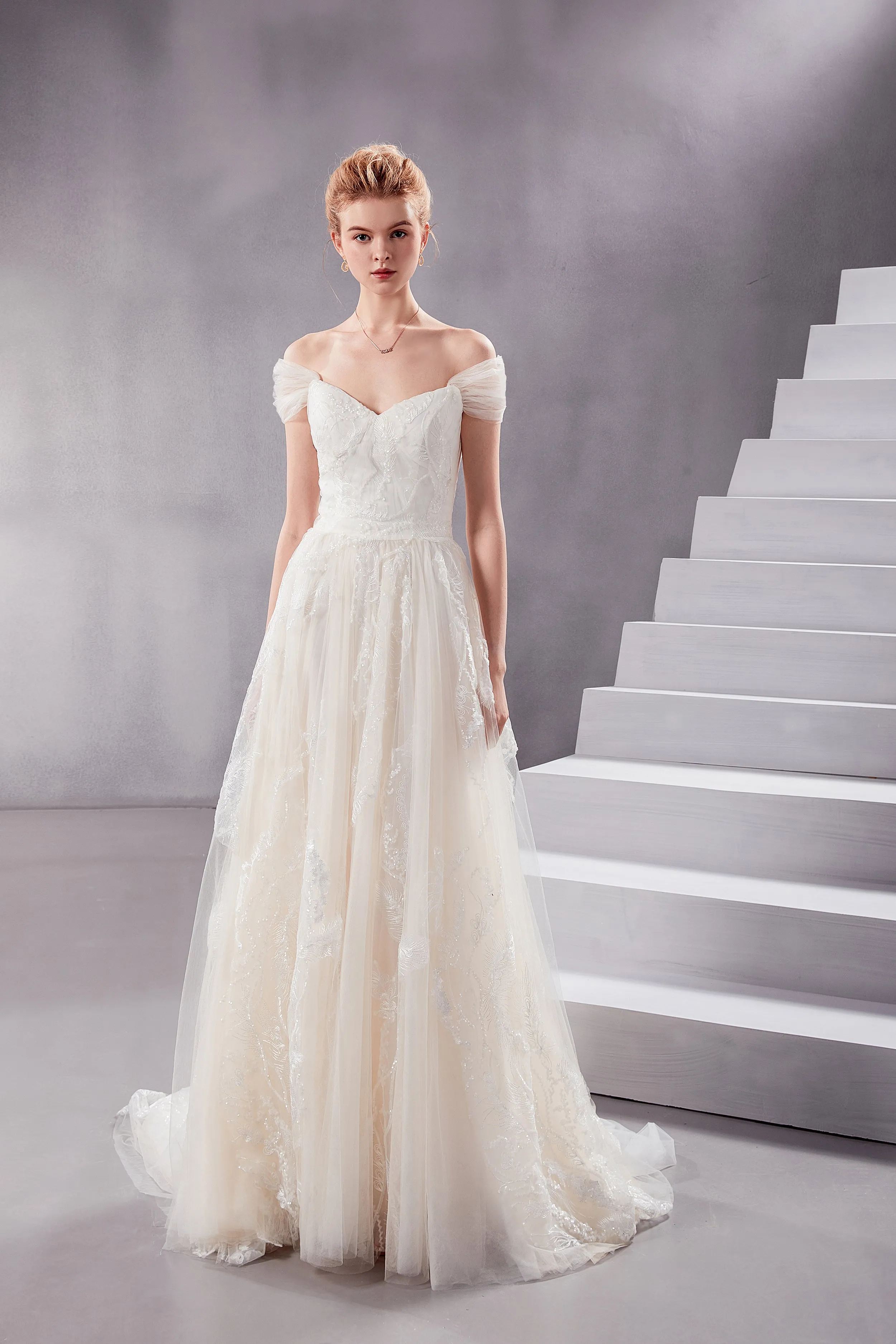 Vera - Selena Huan off-the-shoulder sequin beaded fine embroidery twig laces A-line wedding dress