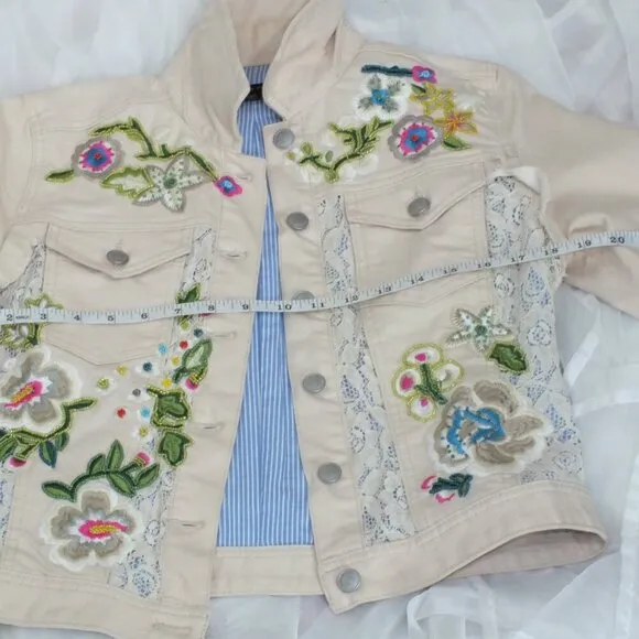 Vintage Beaded Embroidered Denim Jacket Lace Cuffs Boston  Proper Size Small