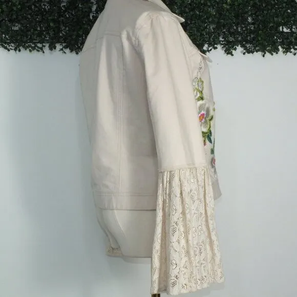 Vintage Beaded Embroidered Denim Jacket Lace Cuffs Boston  Proper Size Small