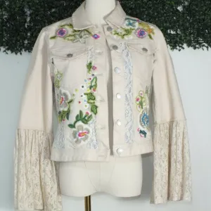 Vintage Beaded Embroidered Denim Jacket Lace Cuffs Boston  Proper Size Small