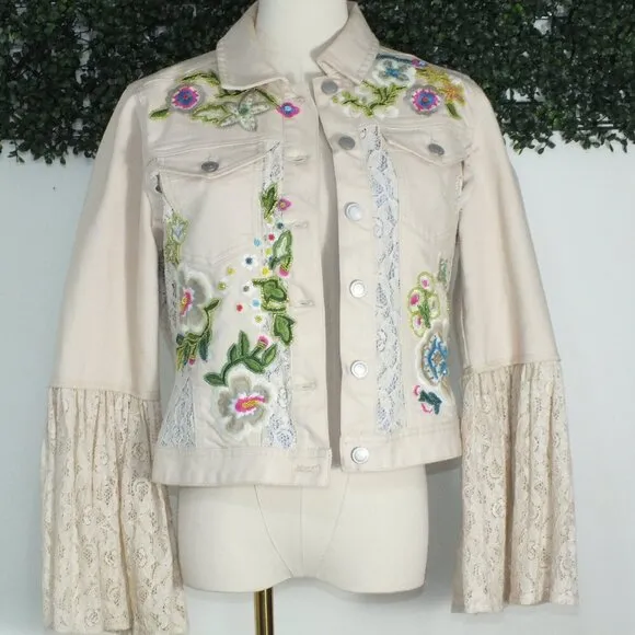 Vintage Beaded Embroidered Denim Jacket Lace Cuffs Boston  Proper Size Small