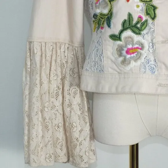 Vintage Beaded Embroidered Denim Jacket Lace Cuffs Boston  Proper Size Small