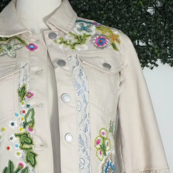 Vintage Beaded Embroidered Denim Jacket Lace Cuffs Boston  Proper Size Small