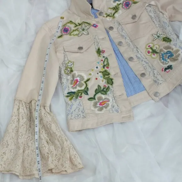 Vintage Beaded Embroidered Denim Jacket Lace Cuffs Boston  Proper Size Small
