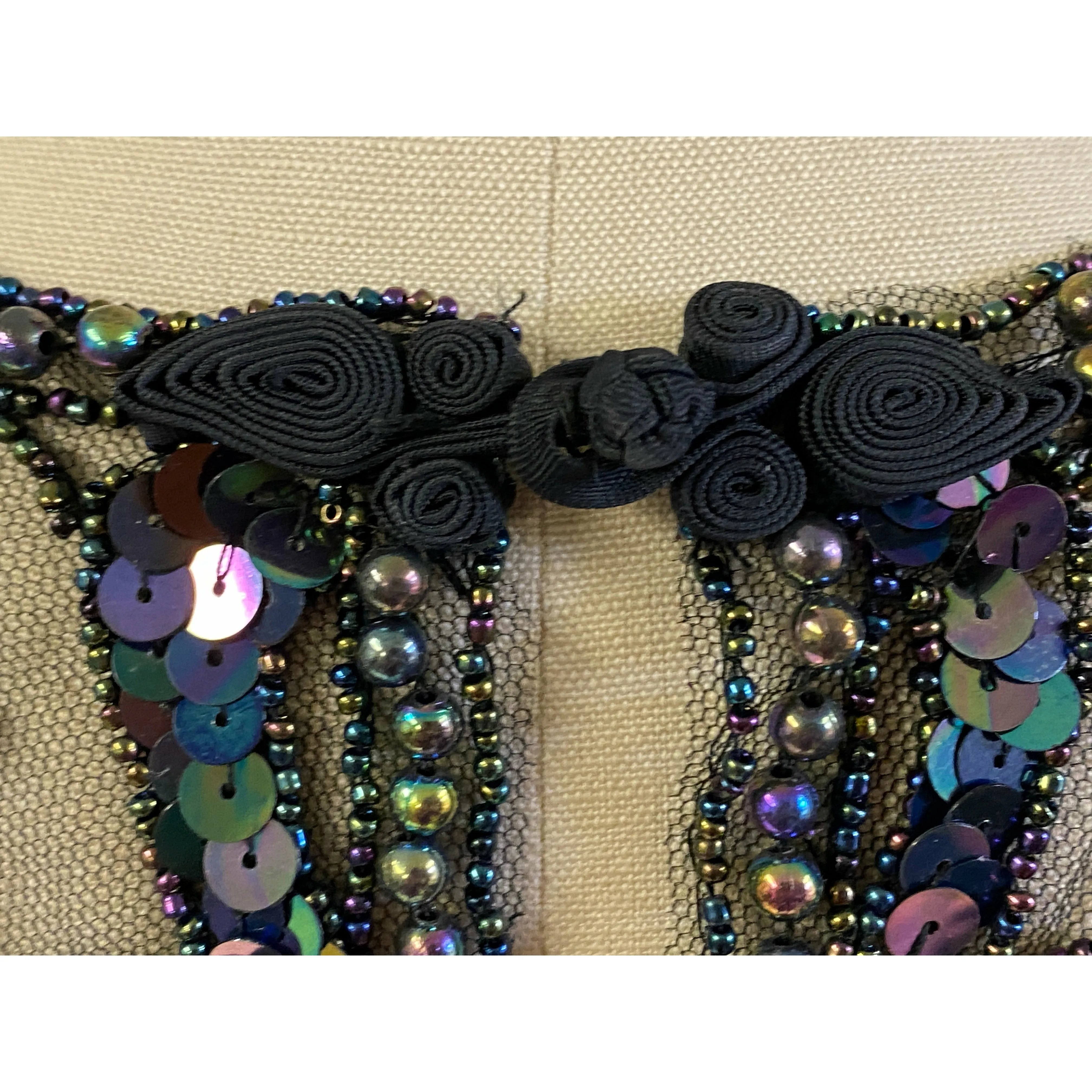 Vintage Embroidered Net Sequin Beaded Collar Black Blue Carnival  Frog Closure