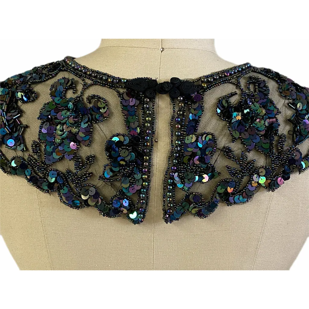 Vintage Embroidered Net Sequin Beaded Collar Black Blue Carnival  Frog Closure