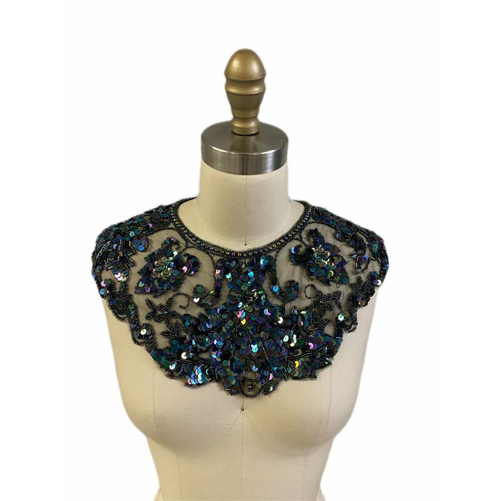 Vintage Embroidered Net Sequin Beaded Collar Black Blue Carnival  Frog Closure