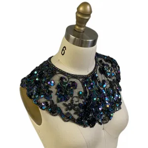 Vintage Embroidered Net Sequin Beaded Collar Black Blue Carnival  Frog Closure