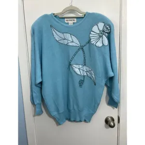 Vintage Nina Martini Sweater Small Blue Floral Embroidered Beaded Grannycore