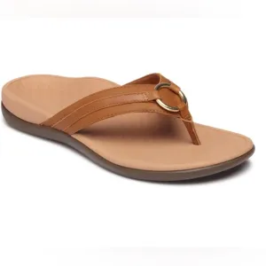 Vionic Aloe Brown Leather Thong Slip On Gold Ring Medallions Sandals