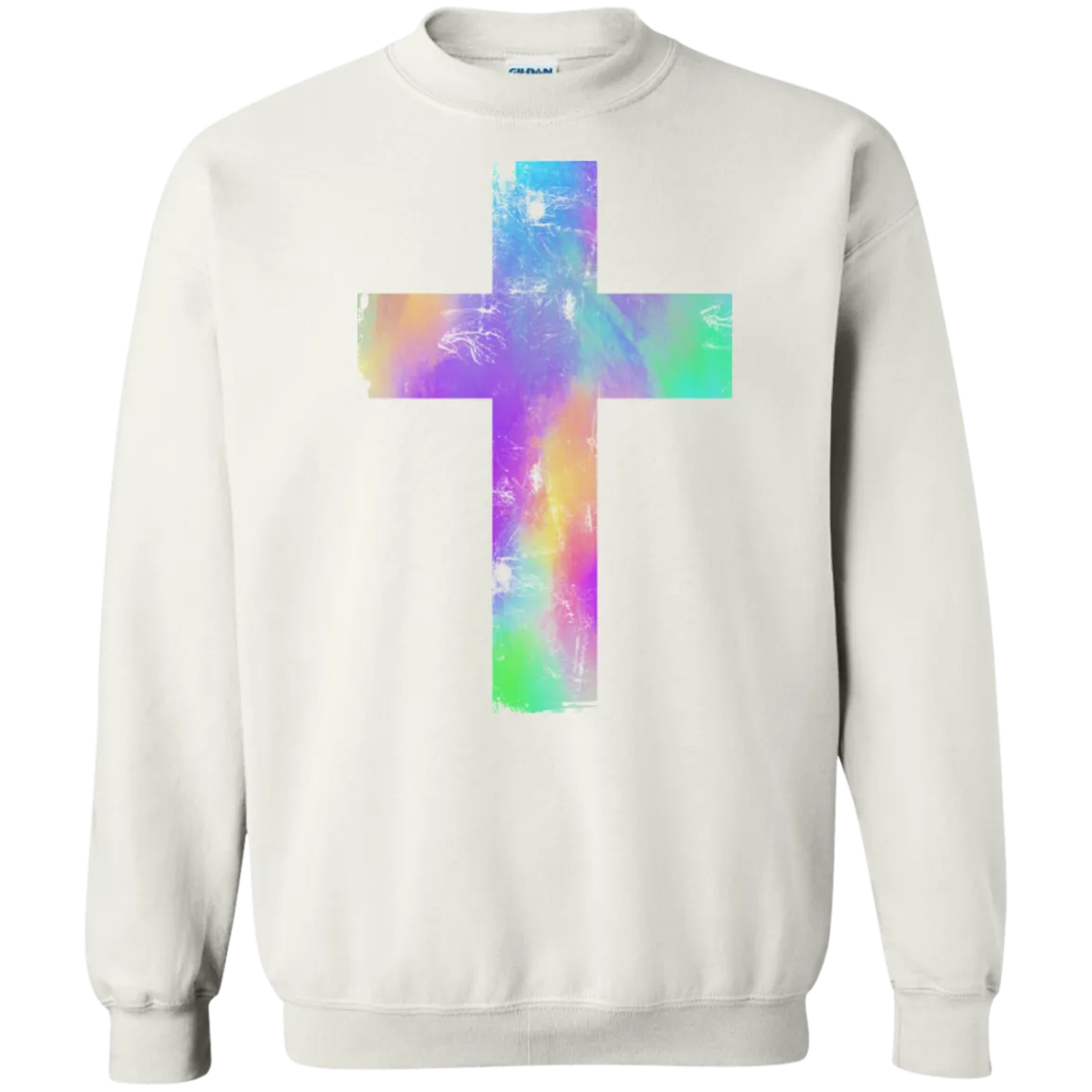Watercolor Distressed Cross Gildan Crewneck Sweatshirt – Cozy, Faithful, and Stylish