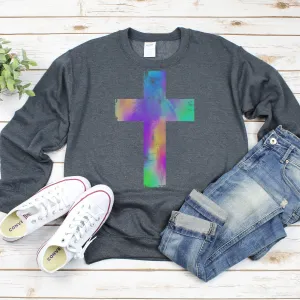 Watercolor Distressed Cross Gildan Crewneck Sweatshirt – Cozy, Faithful, and Stylish