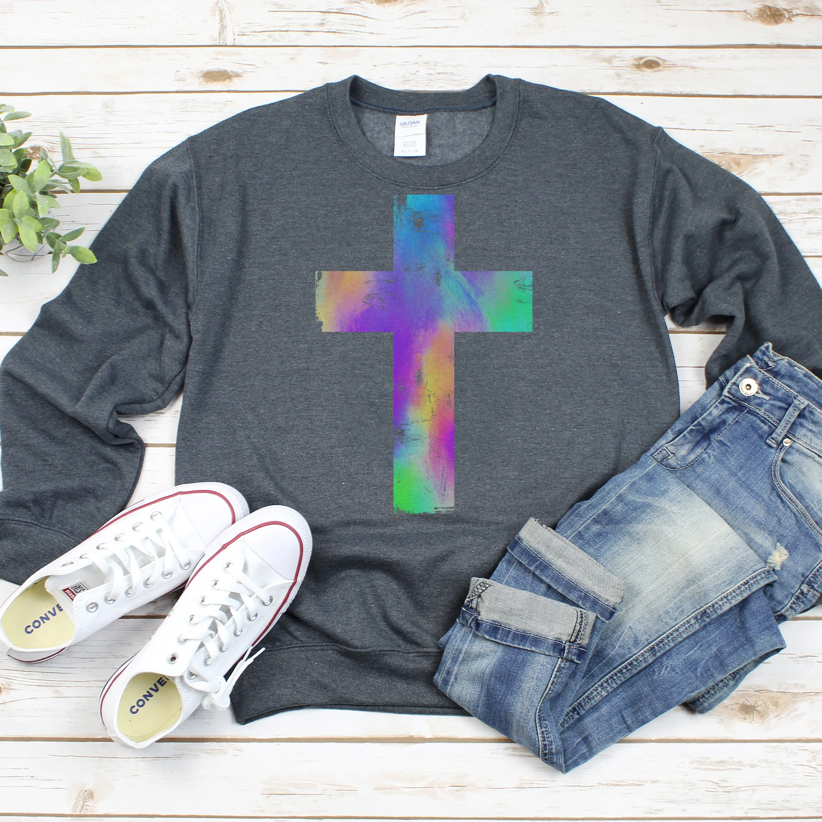 Watercolor Distressed Cross Gildan Crewneck Sweatshirt – Cozy, Faithful, and Stylish