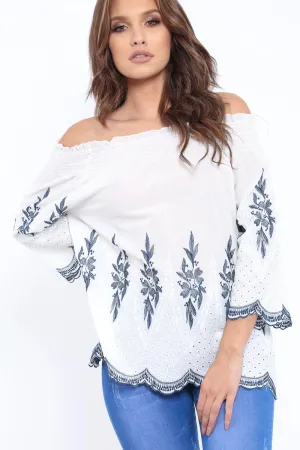 White Bardot Embroidered Top - Nylla