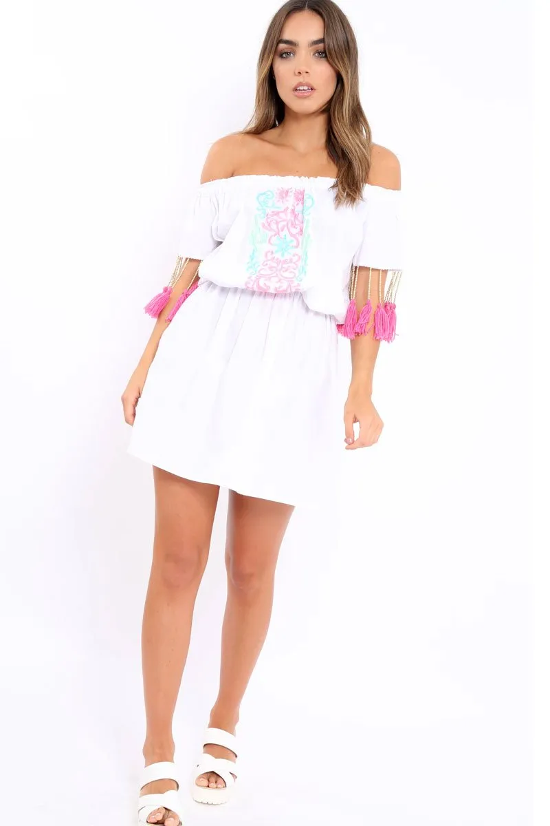 White Embroidered Tassel Bardot Dress - Monroe