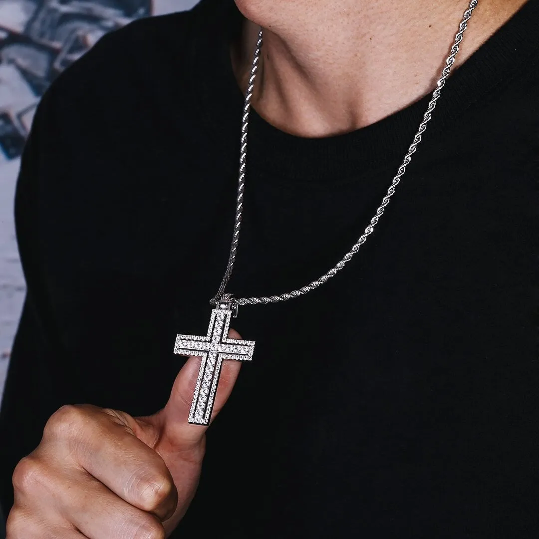 White Gold Iced Double Layered Cross Pendant