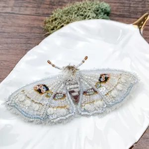 White Moth Hand Embroidered Beaded Brooch