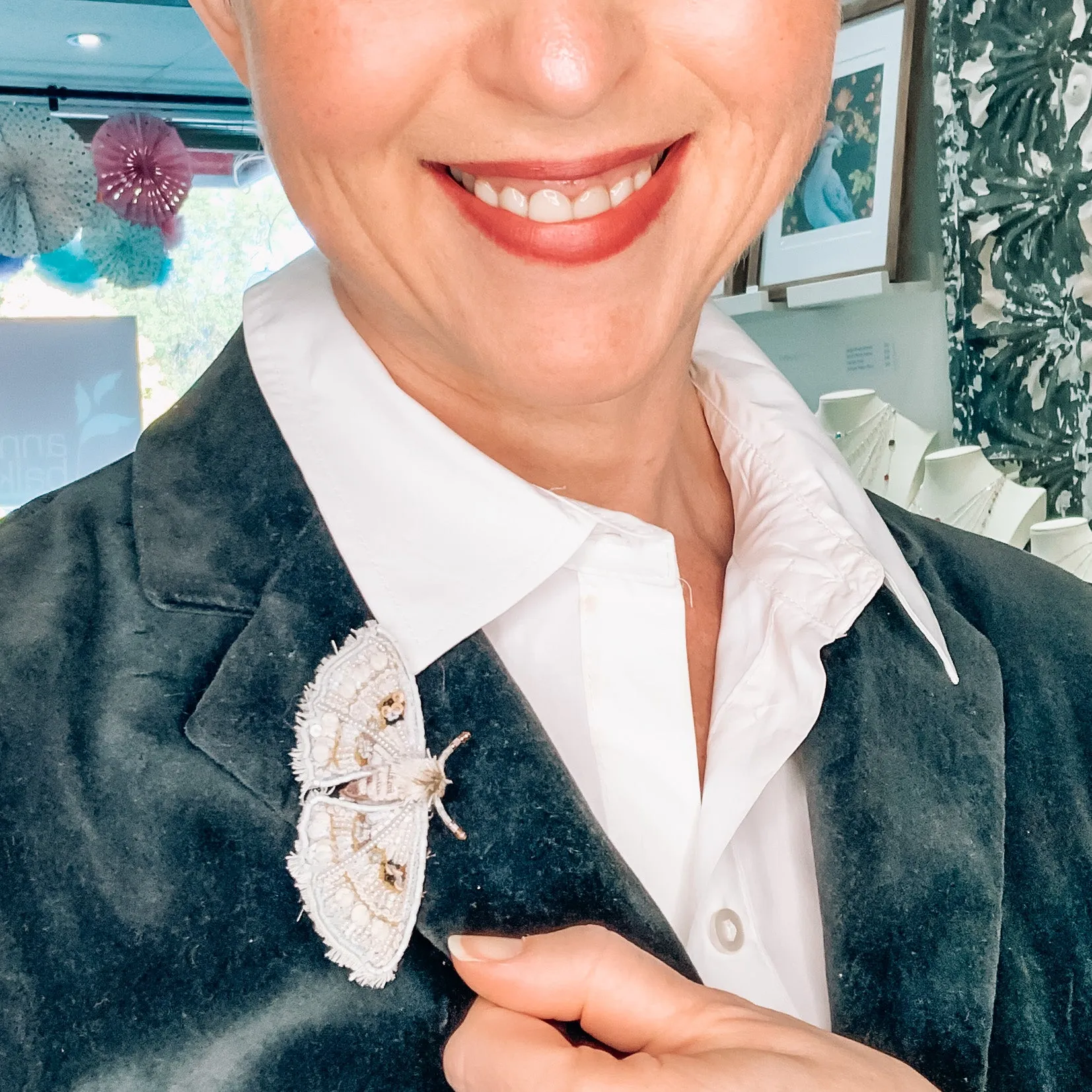 White Moth Hand Embroidered Beaded Brooch