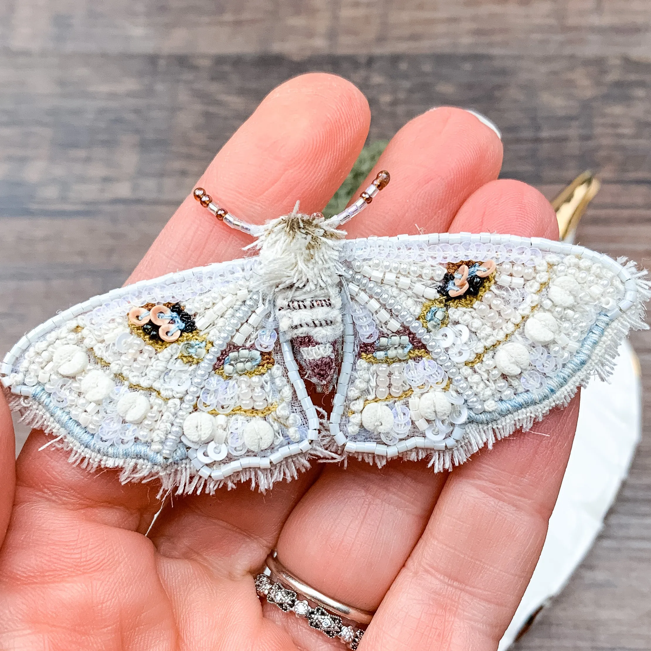 White Moth Hand Embroidered Beaded Brooch