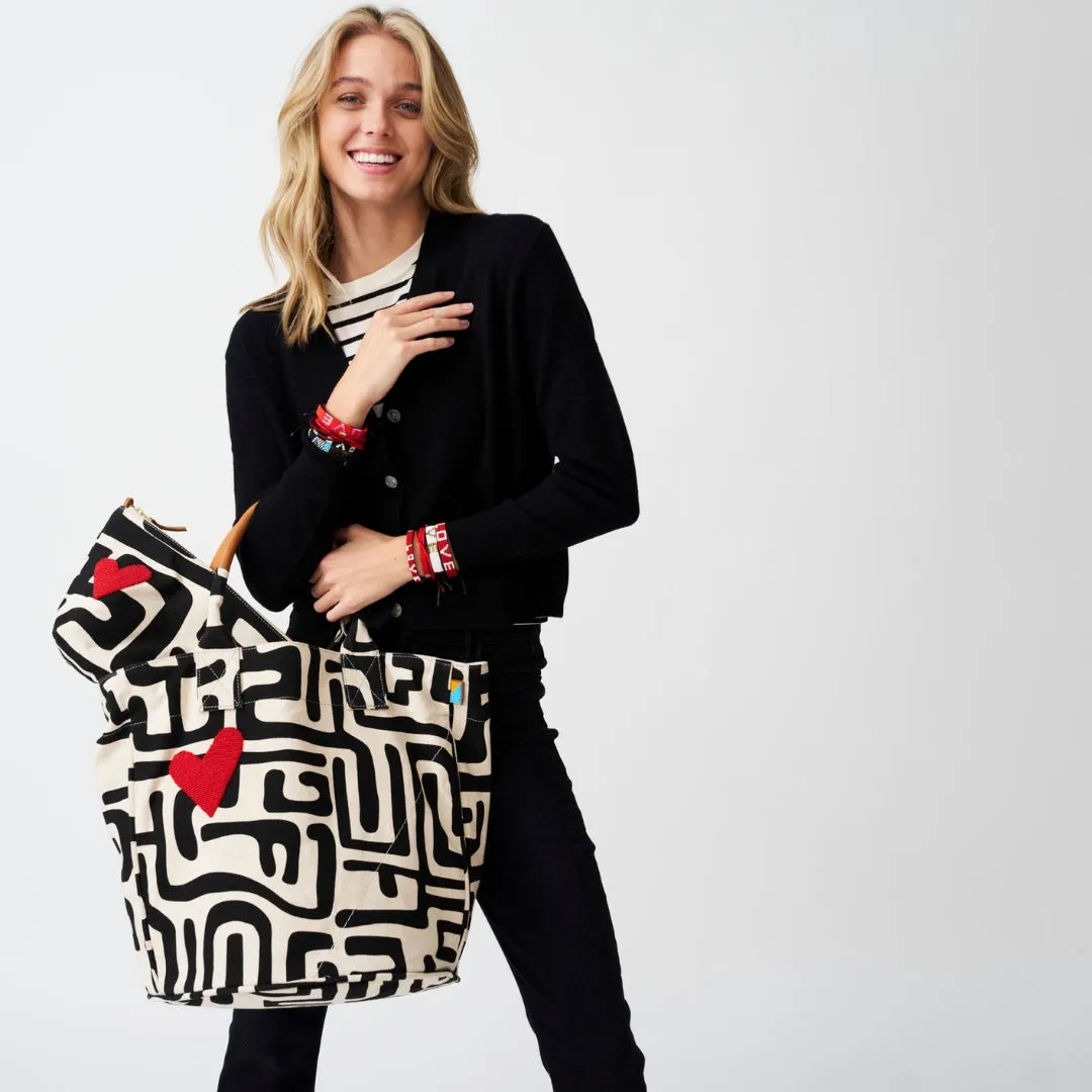 XLarge Convertible Pouch - Black Kuba with Beaded Red Heart