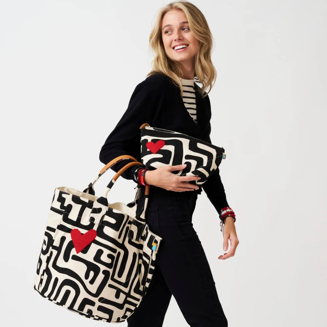 XLarge Convertible Pouch - Black Kuba with Beaded Red Heart